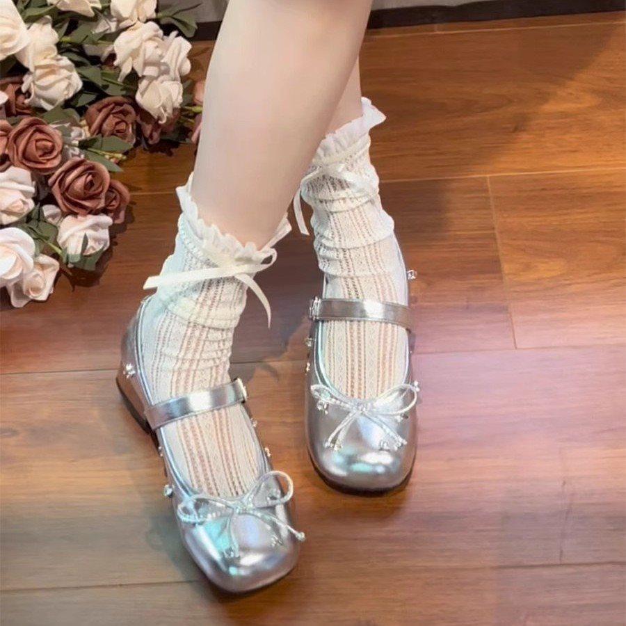 Shoe Fairy One Word Square Head Light Mouth Super Spring and Autumn French Retro Buckle Single Shoes Women's Shoes 2025 Wind Thick Heel Silver