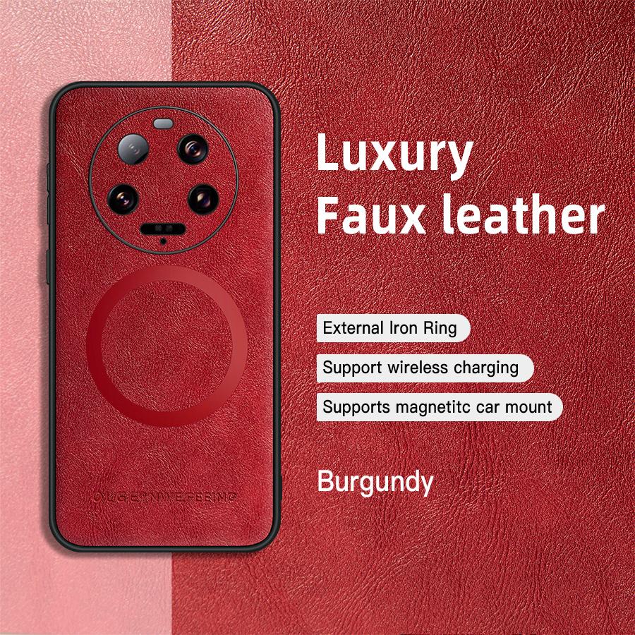 OLGE Luxury Leather Texture Case for Xiaomi 13 Ultra Mi 13 14 Pro Support Wireless Charging Magnetic Protective Cover Funda