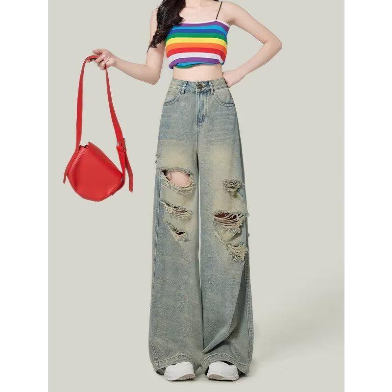 

Женские ретро джинсы с высокой талией, рваные, с широкими штанинами, стройнящие, драпирующиеся брюки в пол для осени 2024 2XL