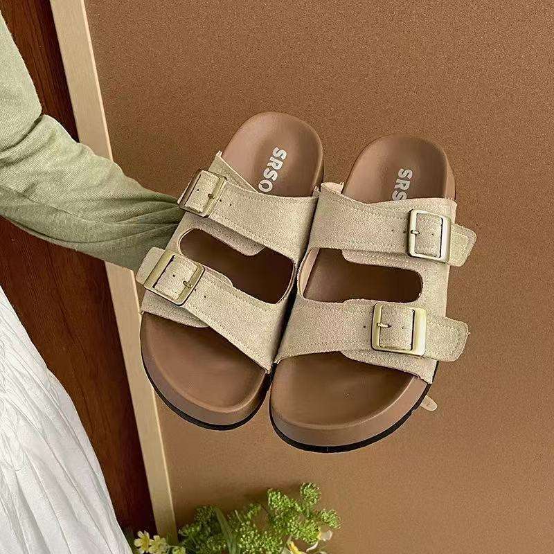 Retro thick-soled heightening one-word slippers women's summer 2025 new wear simple non-slip soft-soled Birkencool slippers