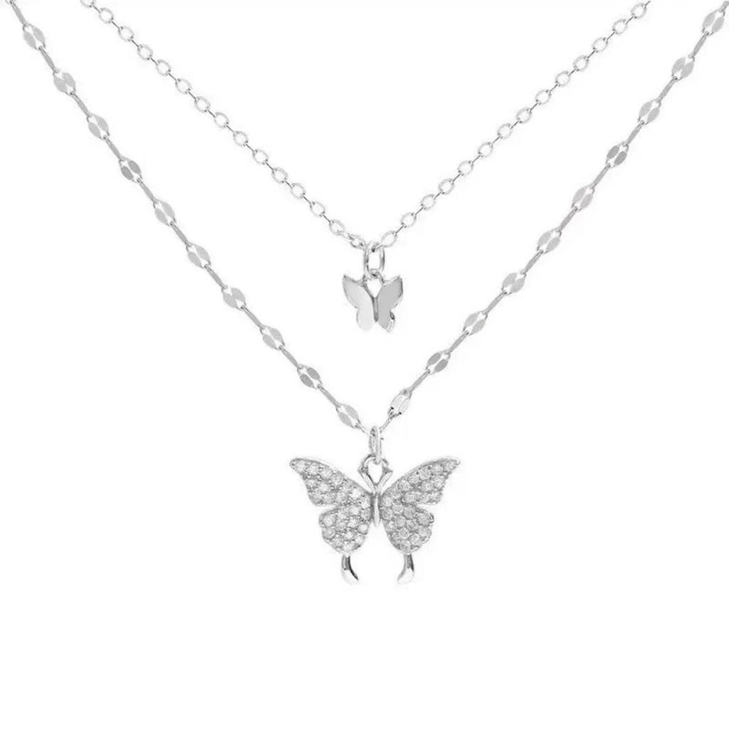 Double-Layered Butterfly Pendant Necklace - Titanium Steel, Light Luxury Design, Fade-Resistant Clavicle Chain
