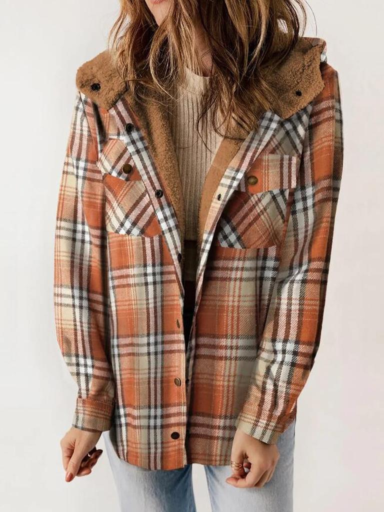 Fall Winter Women's Plaid Jacket Long Sleeve Hooded Cozy Coat with Pockets