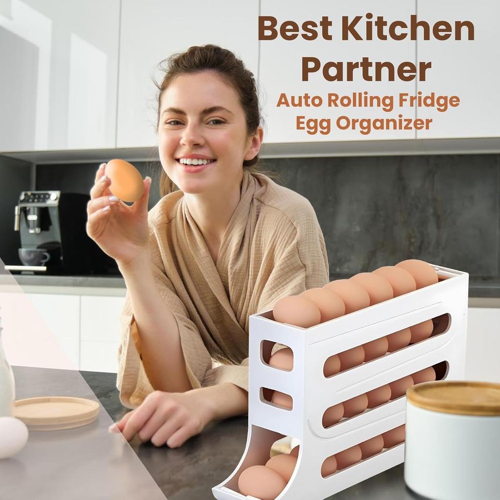 30 Egg Refrigerator Holder - Automatic Rolling Refrigerator Egg Organizer, Space Saving Egg Dispenser, 4 Tier Egg Holder Organiz