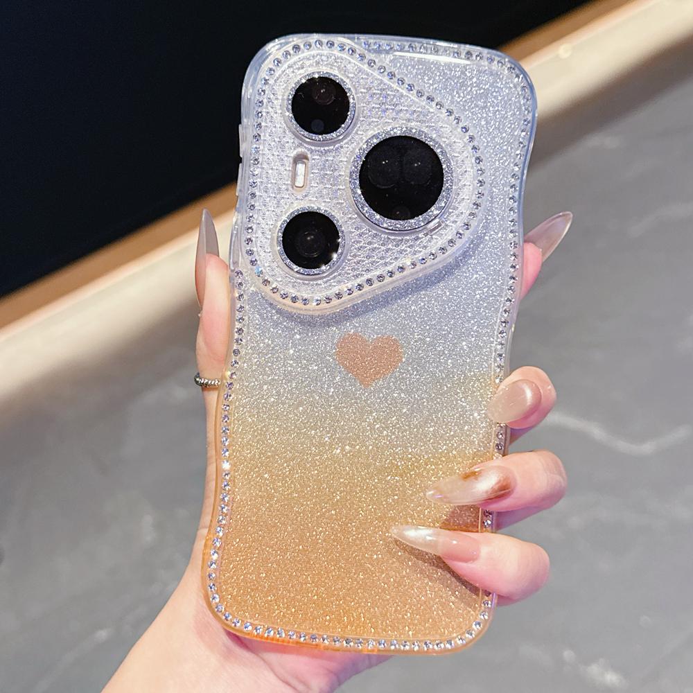 KEYSION Gradient Love Heart Wavy Phone Case for Huawei Pura 70 80 Pro 80 70 Ultra Glitter Jewelled Lens Protector Shockproof Cover