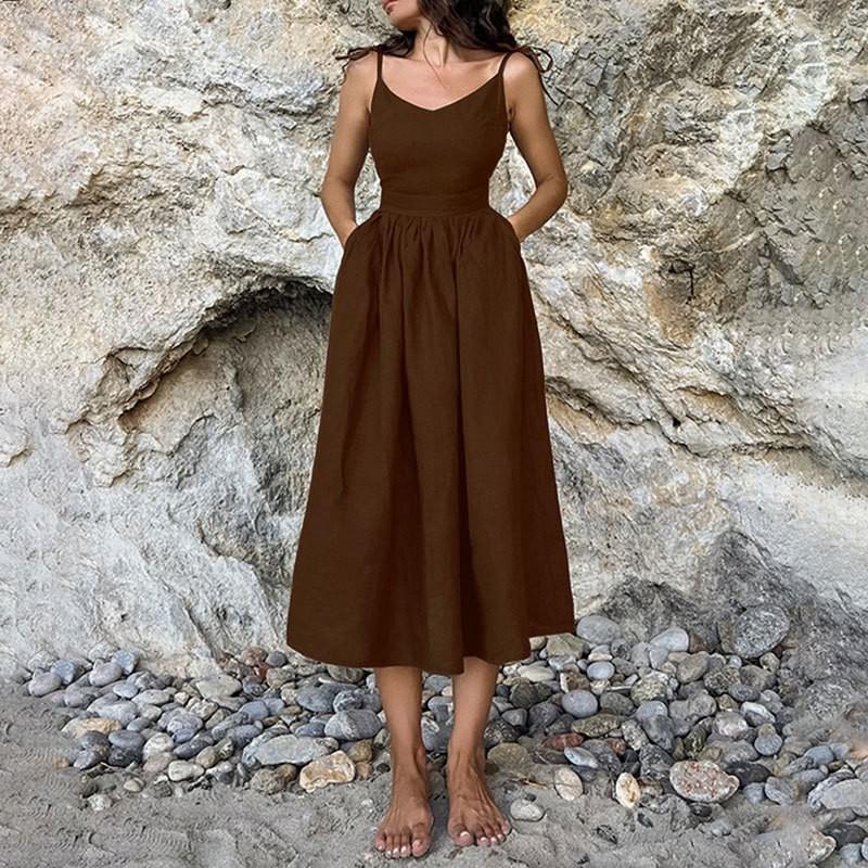 2026 Womens Solid Color Sleeveless V-Neck Backless Maxi Dress Slim Fit Casual Elegance