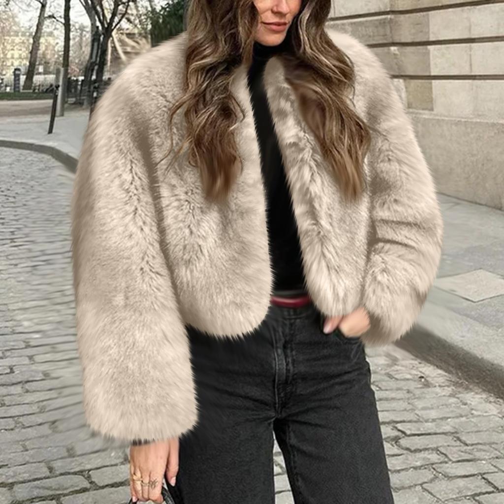 Women's Fashionable Warm Long Sleeve Solid-Color Furry Coat