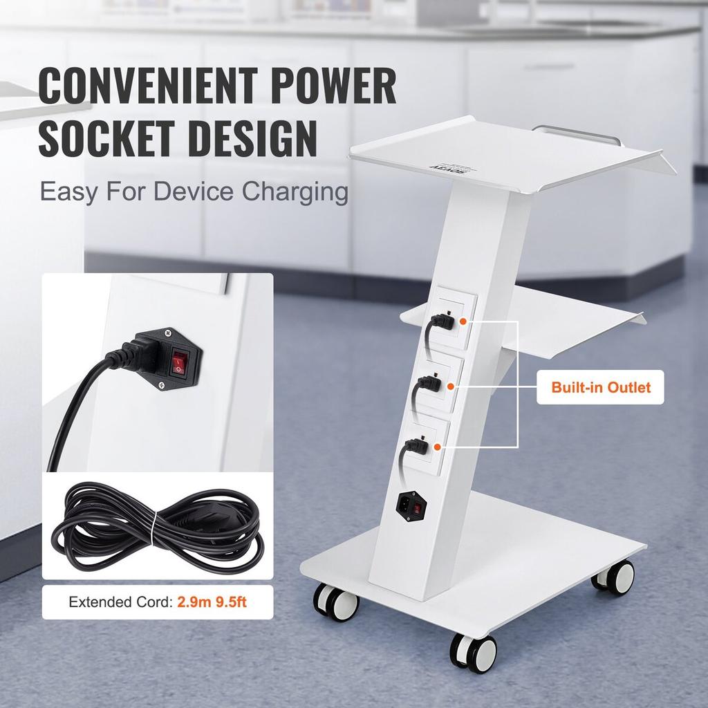 Trolley Cart Dental Lab Mobile Rolling Serving Cart 3 Layers with Socket