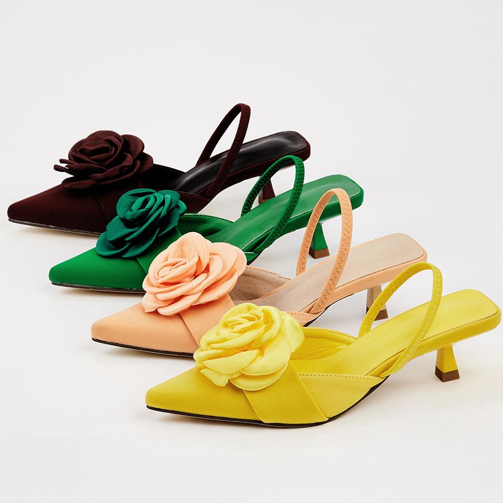Flower Pointed Toe High Heels Women Pump Sandals Silk Kitten Heels Elegant Office Lady Sexy Party Sandals Big Size 43