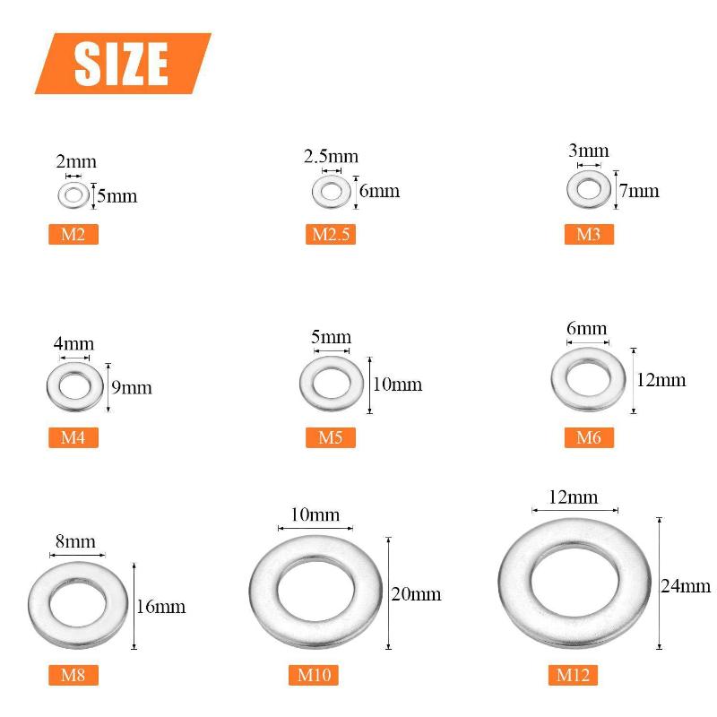 180Pcs Stainless Steel Flat Washer Assortment M2-M10 Sizes With Storage Box O-Ring Fasteners Polished Surface Easy Installation