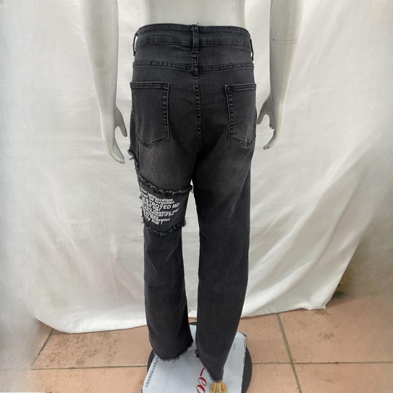 European and American trend straight tube loose washed distressed printed jeans