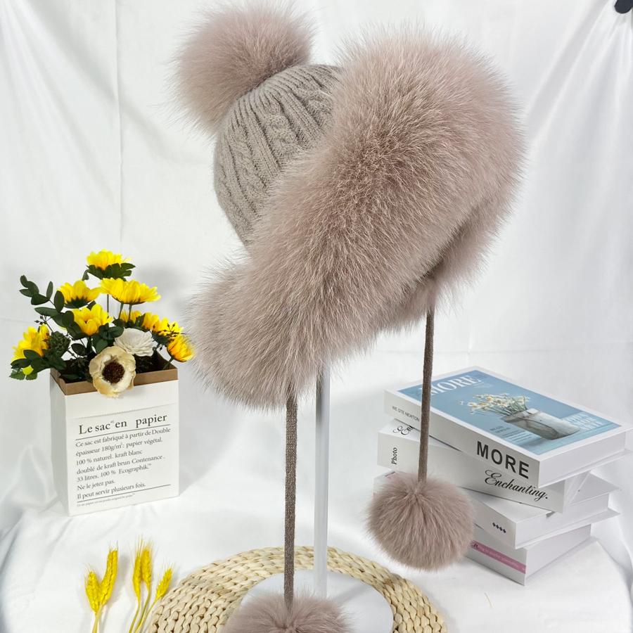 Winter Hats Women Natural Fox Fur Fuffy Warm Fashion Stylish Knitted Pompom Girls Fur Hat