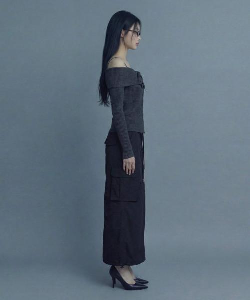 Ineodeijeu Nylon Cargo Long Skirt (Black)