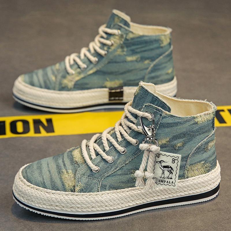 S High Top Canvas Shoes Men's Student Board Shoes Soft Washed Denim Crack