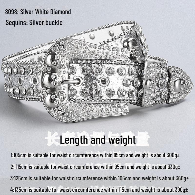 Curea de lux cu cataramă cu strasuri și craniu închis la culoare, cu paiete și diamante