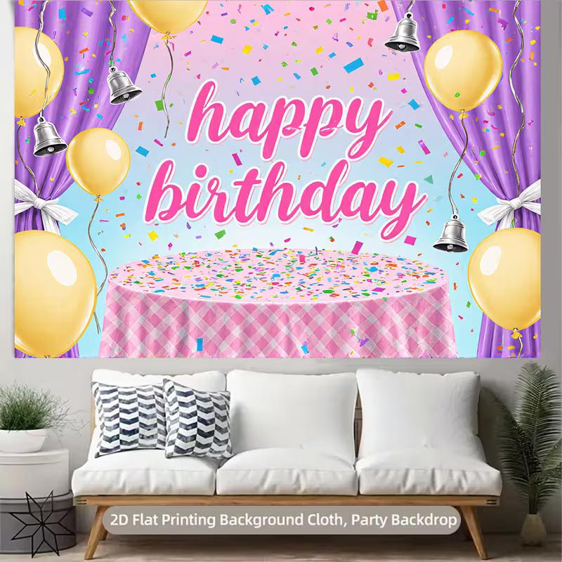2D Birthday Party Backdrop, Pink & Purple Curtain with Confetti Photography Background