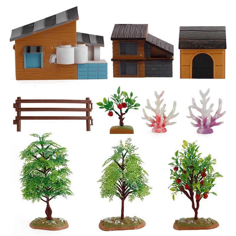 Children's Mini Farm & Tree House Simulation Playset with Fruit Trees, Dog House, and Fence Ornaments