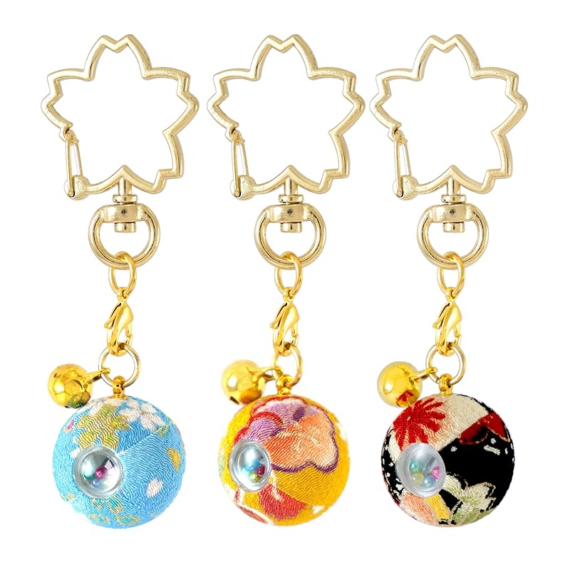 

[Zoon] flower crepe kaleidoscope Japanese pattern Crepe with bell key ring made in Japan souvenir (Set 1 (sky blue, yellow, red and black))