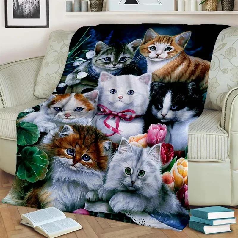 Warm and Cozy Cute Cat Pattern Flannel Blanket for Couch, Bed, Sofa, Office - Soft and Soothing Digital Printing Throw Blanket