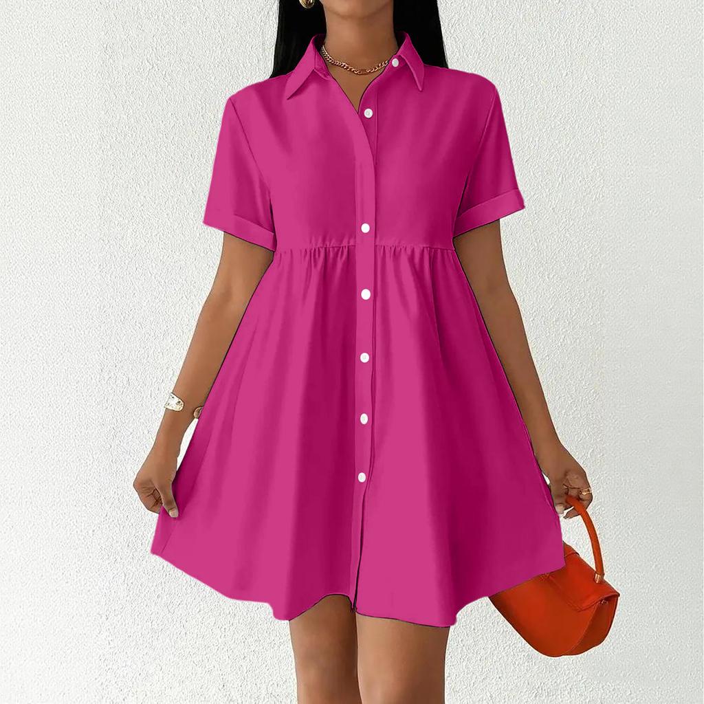 Women Short Sleeve Shirt Dress Button Down Collared Loose Fit Casual Mini Dress with Pockets Summer Style