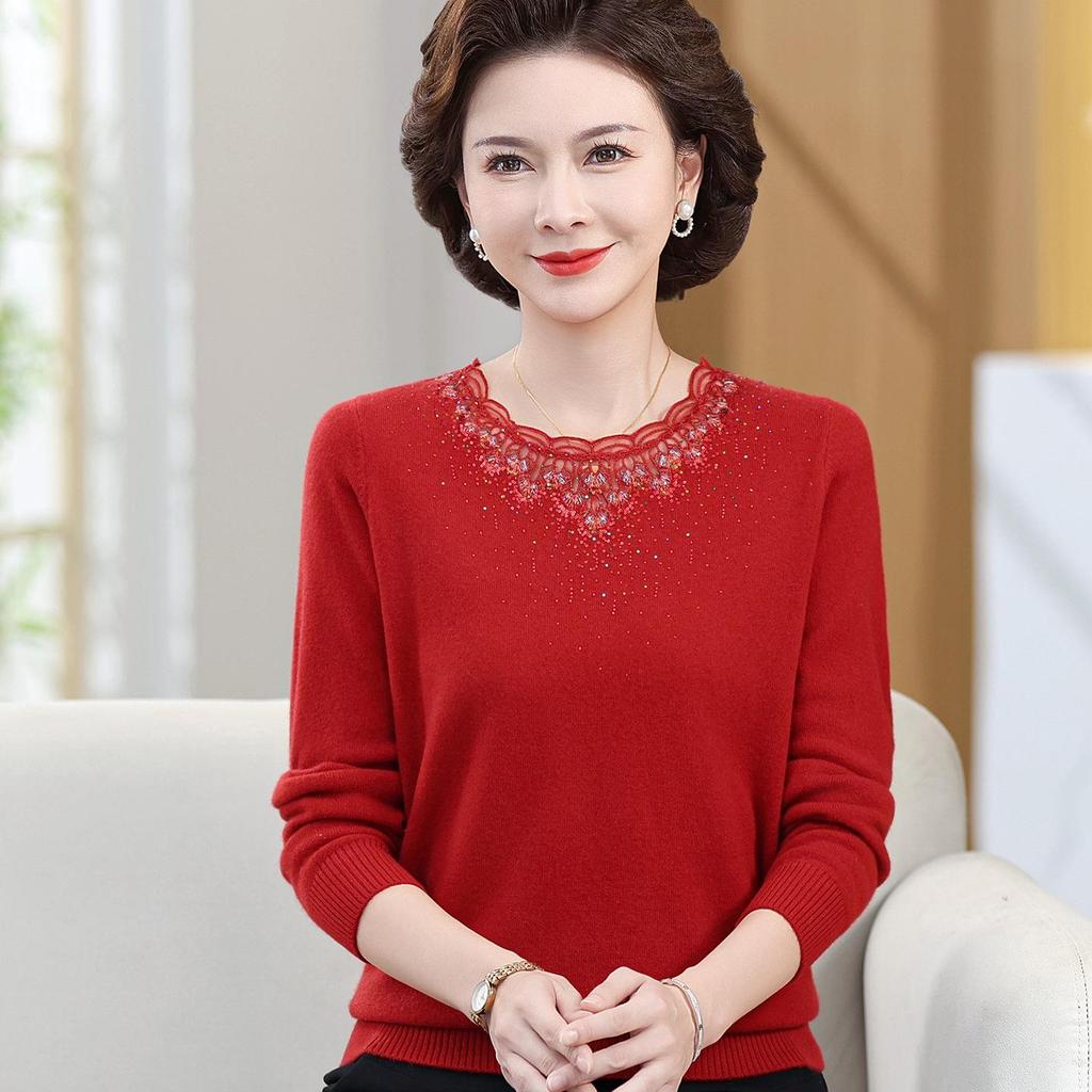 Wollstrickjacke für Frauen mittleren Alters - 100% Reine Wolle, Modischer Herbst-/Winterstrick, Rundhals-Pullover für Mittelalte & Ältere