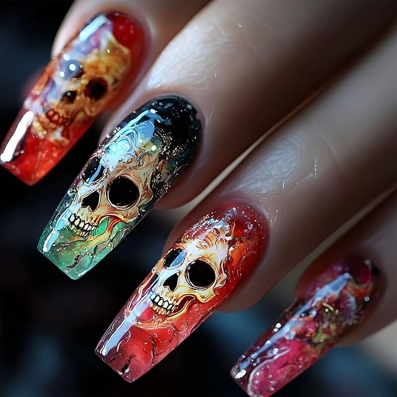 Накладные ногти Хэллоуин Череп Средние Короткие Гроб Цветные Акриловые Накладные Ногти с Ужасающим Черепом Искусственные Ногти Нажимные Глянцевые Полное Покрытие Клей A4
