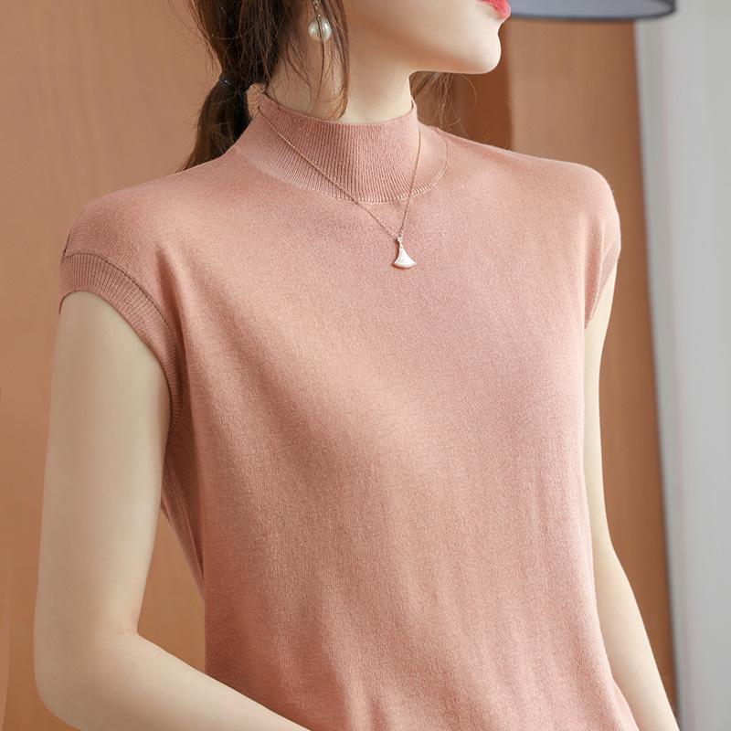 Thin Camisole Vest Women's Summer Half High Neck Short Sleeved T-shirt Women's Knitted Loose Temperament Sleeveless Top Women's Base Shirt
