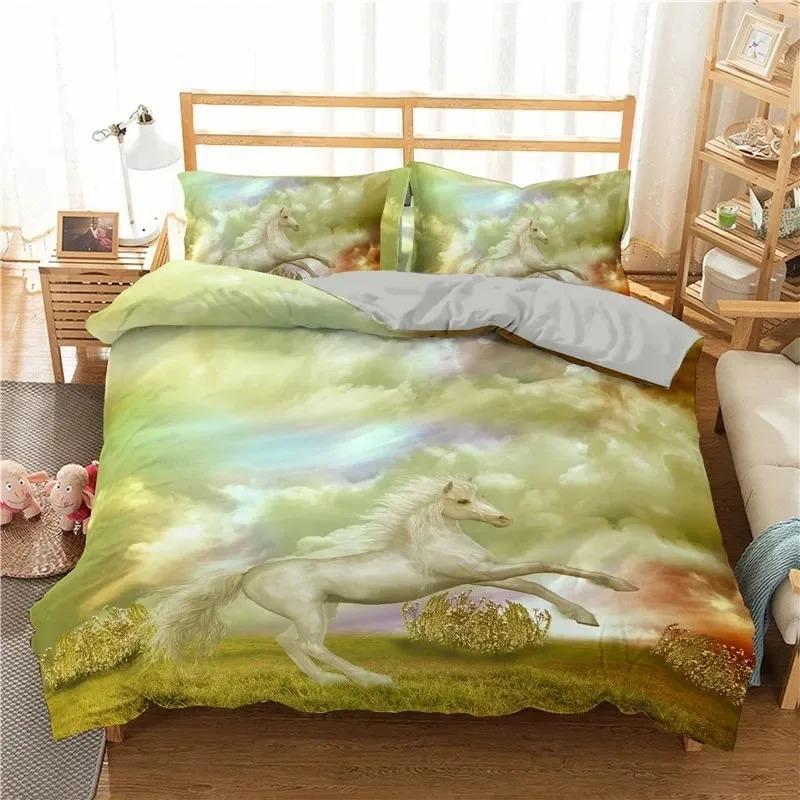 White Dragon Horse Duvet Cover 3D Unicorn Bedding Set For Teens Boys Microfiber Western Cowboy Comforter Cover With Pillowcases