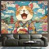 Arazzo da camera da letto Gatto Kimono Carino Ridente 2D Paesaggio Giapponese Tradizionale
