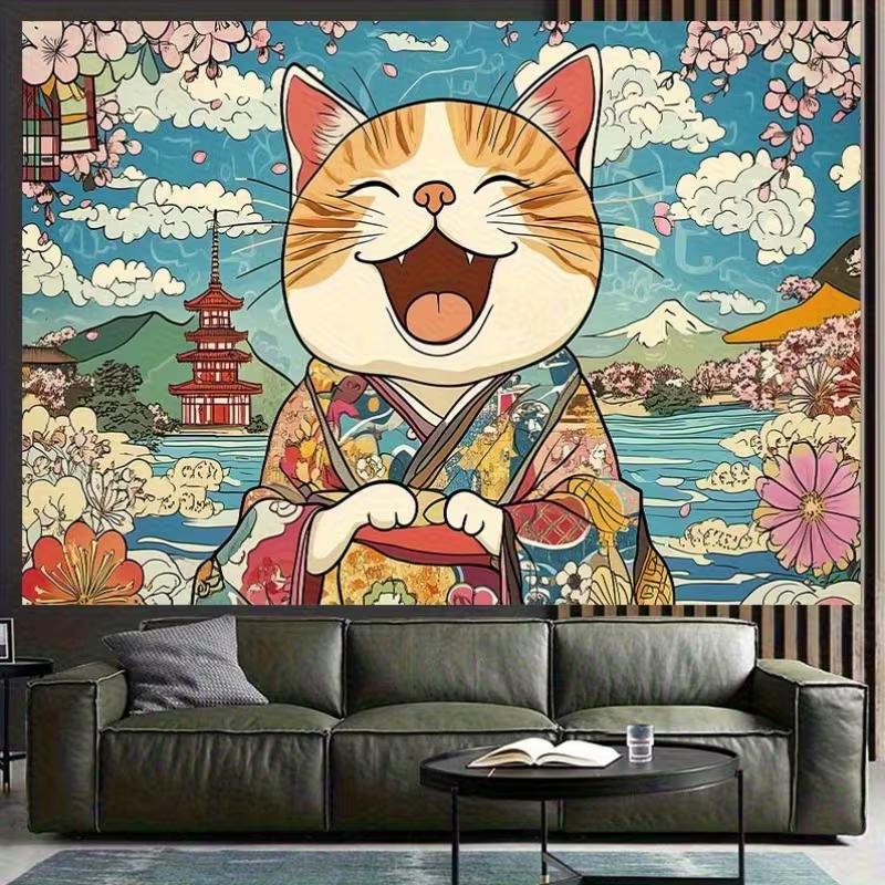 Arazzo da camera da letto Gatto Kimono Carino Ridente 2D Paesaggio Giapponese Tradizionale