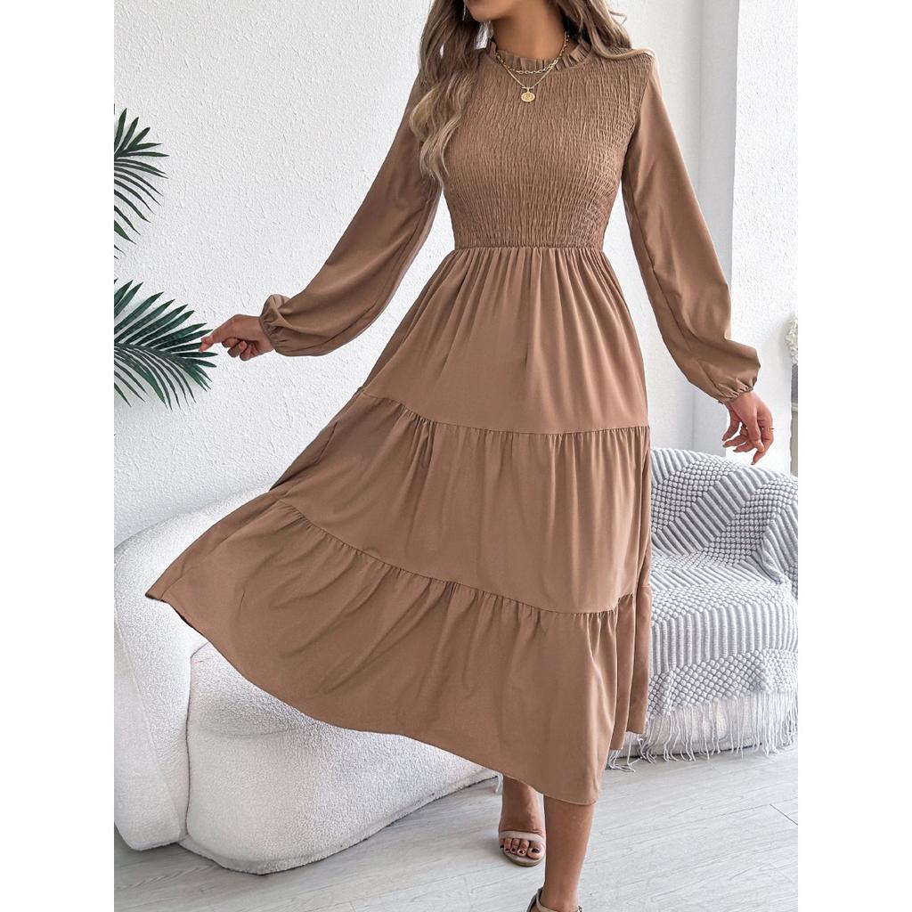 Spring Summer Women's Solid Color Long Sleeve Smocked Slim Fit Dress, European American Style Casual Casual Dress for Crossborder Women