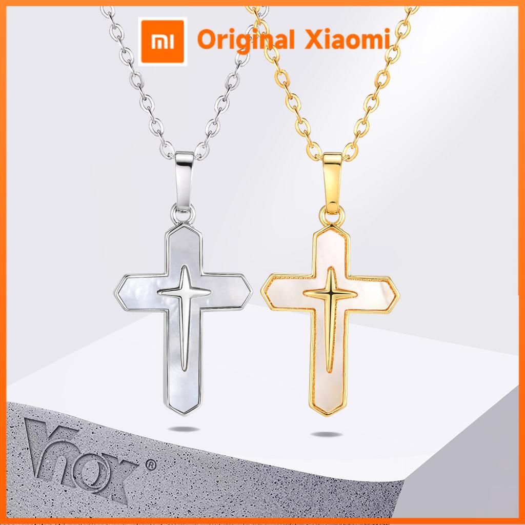 Xiaomi Vnox Double Cross Pendant Necklaces for Women, Bling Shell Cross Necklaces, Christ Religious Faith Jewelry