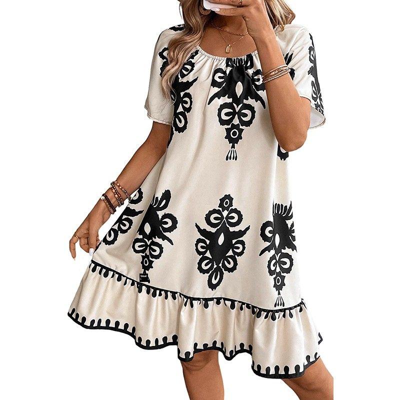 

American Shiying Loose Belly-Covering Knee-Length Skirt Women s 2025 Summer New Arrival Geometric Print Short Sleeve Dress Apricot yellow Size XL fit (70.00 kg-75.00 kg