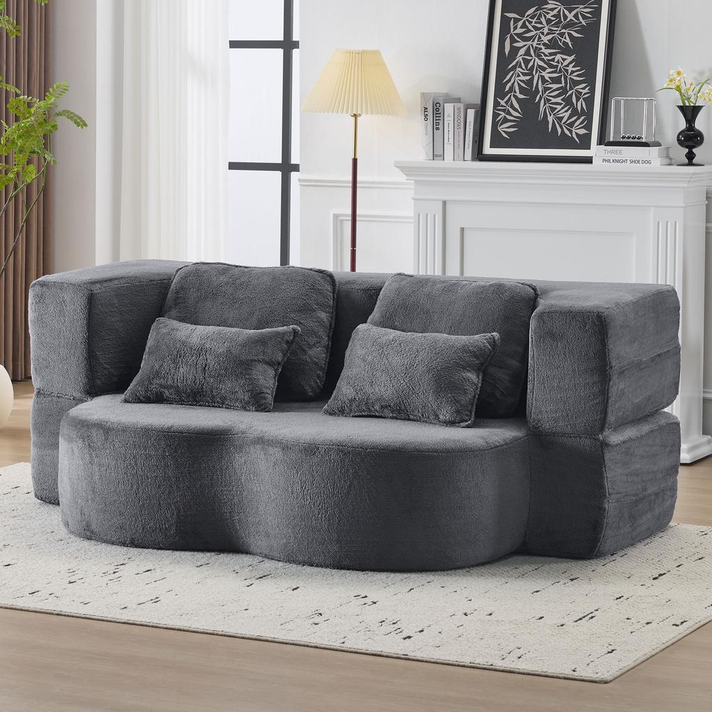 Large blue-gray floor sofa with 4 throw pillows, flannel sofa, high-density foam folding mattress, living room, bedroom, no assembly required