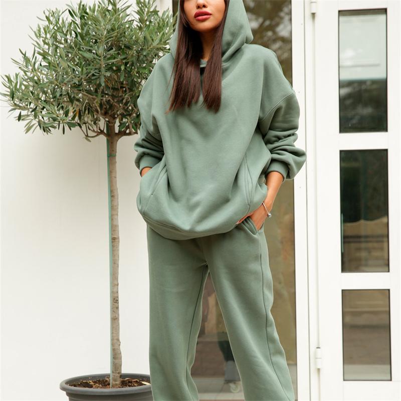 Winter Women's Sets Hooded Long Sleeve Hoodie Sport Pants Lady Suit Two Piece SetCasual Fleece Tracksuit Women Streetwear