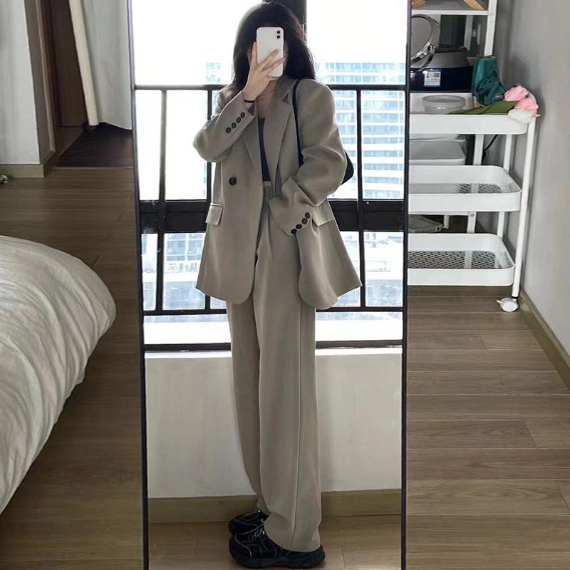 Women's Gray Blazer Jacket and Pants Two-Piece Set for Early Autumn 2025 - Petite Casual Suit