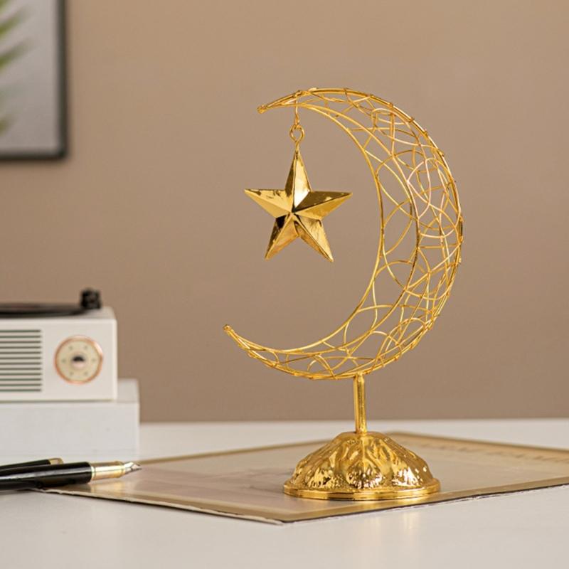 Artistic Middle Eastern Iron Moon Star Sculpture With Base Eid Ramadans Hollowout Ornament for Muslims Party Supplies