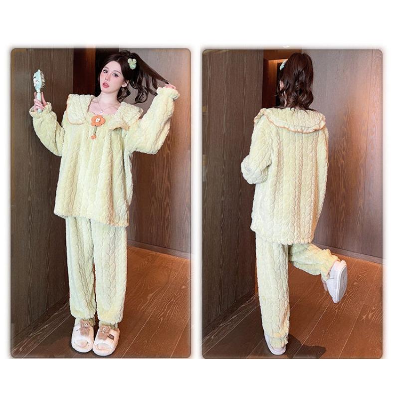 Pajamas Female Autumn and Winter Intensification Coral Fleece Extra Large Cute Flannel Warm Loungewear Set Sleepwear Women
