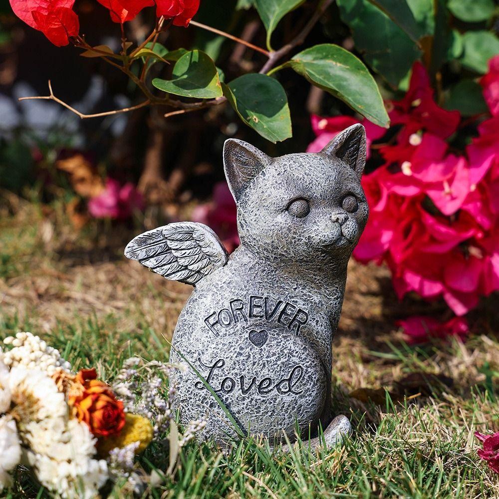 Resin Pet Memorial Statue Weatherproof Lovely Pet Memorial Tombstone with Wing Stone Finish Pet Dog Cats Memorial Sculpture