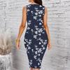 Women Plus Size Crew Neck Sleeveless Midi Dress Navy Blue Base White Cherry Blossom Branch Print Bodycon Dress