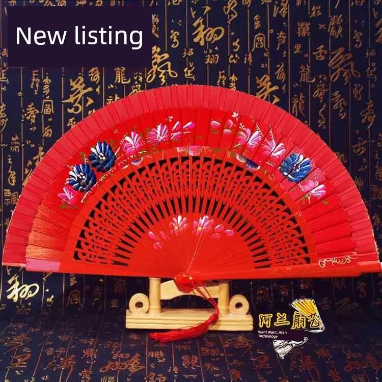 Double-Sided Easy-Open Folding Fan, Group Performance Fan, Retro Fan for Show, Dancing, Bright Red Model Dance Fan, Chinese Style