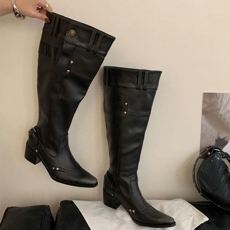 Fashion Fashion Buckle Women Knee High Western Boots With Heels Shoes Female Pointed Toe Footwear Modern Ladies Long Booties Pumps Shoes