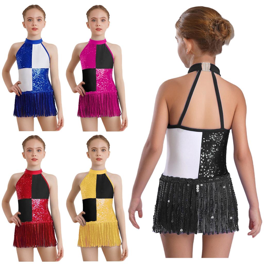 Girls Sequins Modern Jazz Latin Samba Stage Costume Halter Tank Leotard Tassel Dress School Ballroom Dancewear