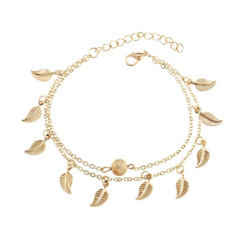 

Самый продаваемый женский двухслойный этнический браслет на ногу с листиками и кисточками золотой