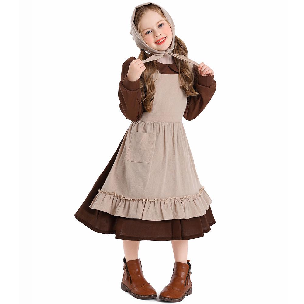 Kids Girls Children's Day Poor Maid Dress Apron Sets Cosplay Costume Stage Performance Pastoral Farm Frence Lolita Dress Up Halloween Outfit