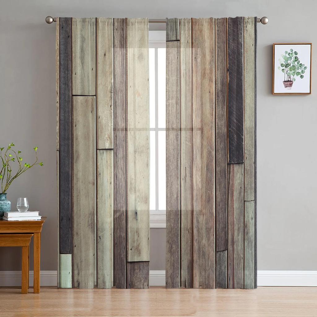 Planken Shabby Retro Holz Braun Gardinen Wohnzimmer Fenster Tüll Vorhänge Für Schlafzimmer Küche Home Dekoration Voile Vorhänge