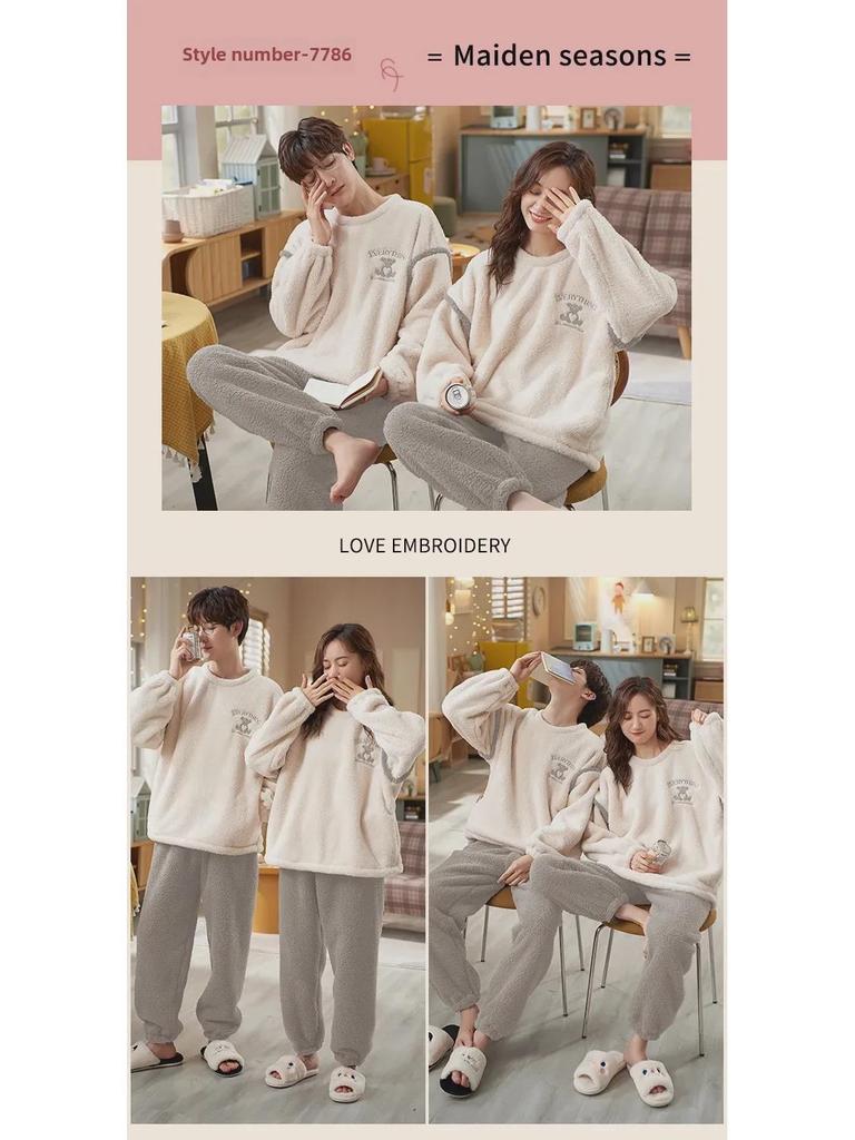 Women's & Men's Winter Flannel Pajama Set - Warm, Thick Coral Fleece, Cute Two-Piece for Home