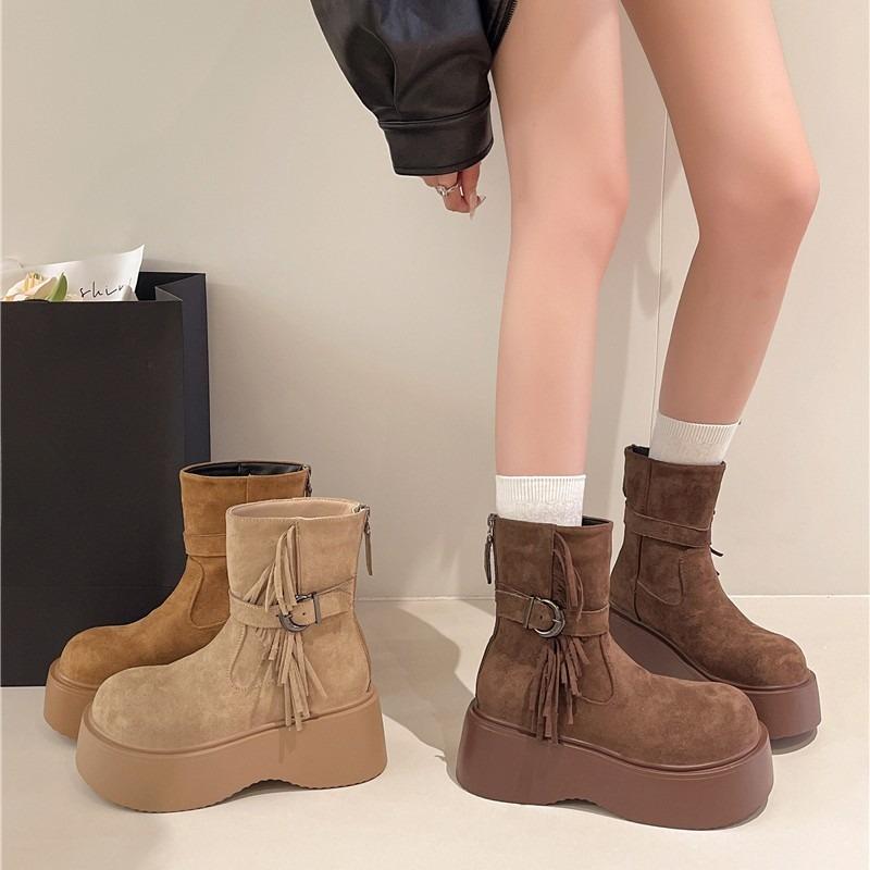 Fashion Retro Platform Heightened Boots Women's 2025 Autumn New Versatile Skinny Booties British Style