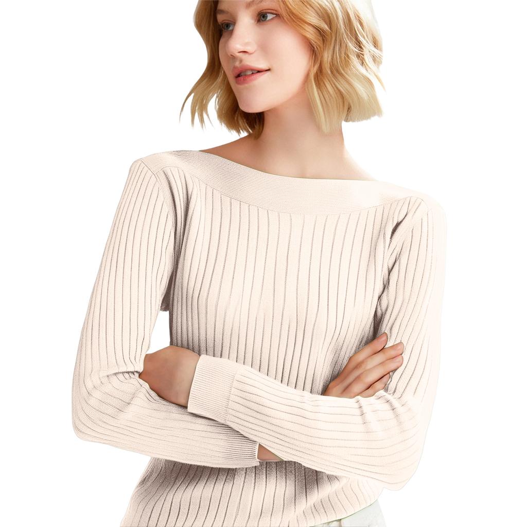 Women's Casual Round Neck Knitted Long Sleeve Undershirt One-Shoulder Sweater