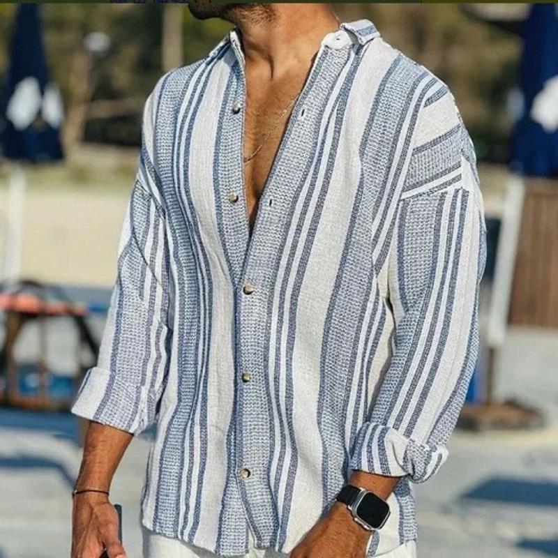 Men Green White Vertical Striped Textured Long Sleeve Button Down Shirt Casual Beach Top S синий