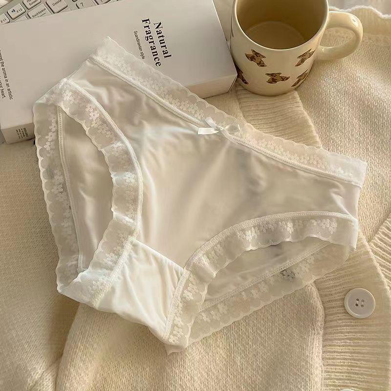 Spring and Summer Solid Color Ice Silk Underwear for Women Mid Waist Quick Drying Lace Underwear